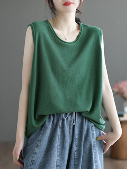 xakxx Loose Sleeveless Solid Color Round-Neck Knitting Vest Top