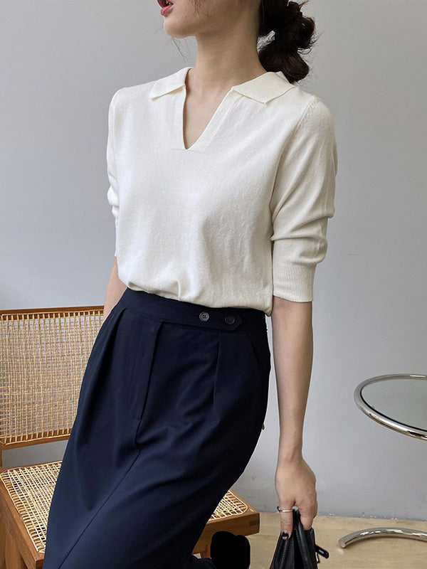 xakxx 7 Colors Urban Solid Color Half Sleeves Knitting Shirt Top