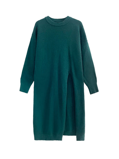 xakxx Long Sleeves Loose Solid Color Split-side Round-neck Sweater Tops