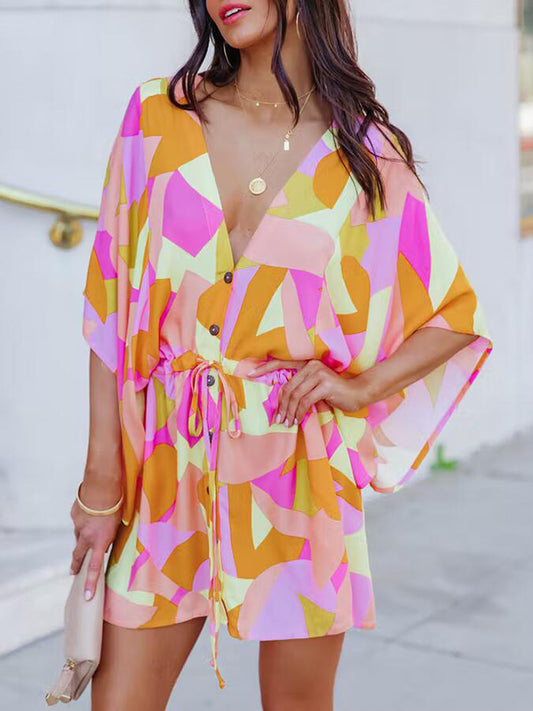 xakxx Original Loose Printed Contrast Color Tied Buttoned Mini Shirt Dress