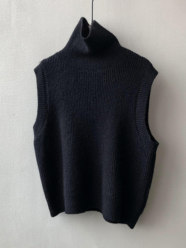 xakxx Casual Loose Sleeveless Solid Color High-Neck Sweater Vest Outerwear