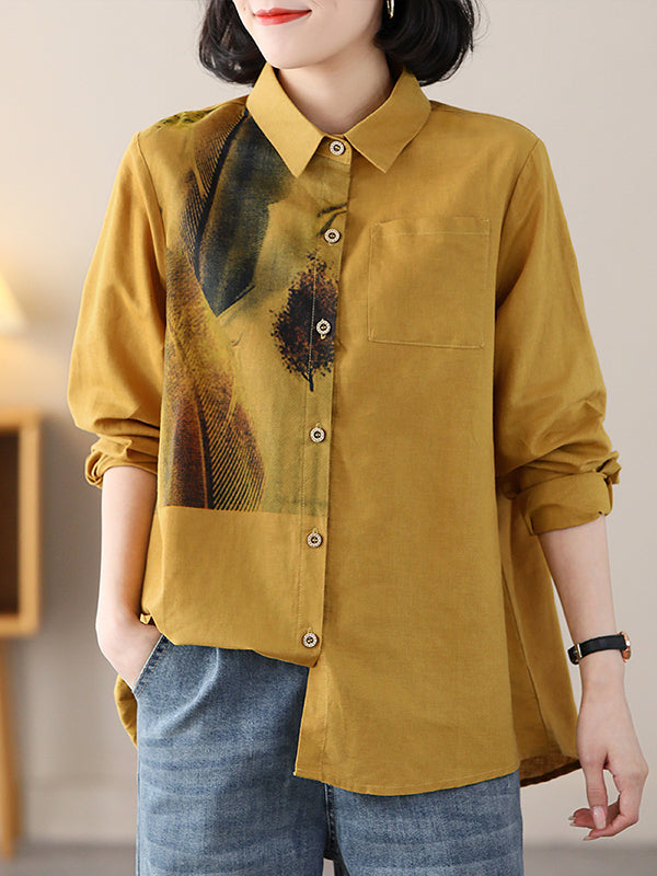 xakxx Long Sleeves Loose Contrast Color Feathers Printed Lapel Blouses