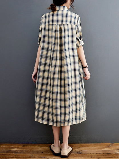 xakxx Half Sleeves Loose Plaid Lapel Midi Dresses