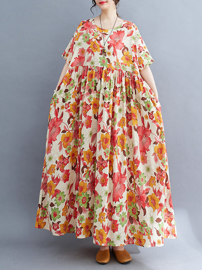 xakxx Loose Short Sleeves Pleated Printed Split-Joint Round-Neck Midi Dresses