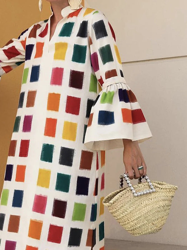 xakxx Original Flared Sleeves Split-Joint Multi-Colored Plaid Midi Dress