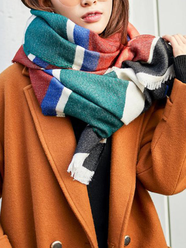 xakxx Contrast Color Fringed Keep Warm Multi-Colored Striped Shawl&Scarf