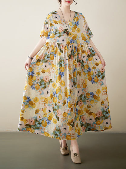 xakxx A-Line Loose Floral Printed Round-Neck Midi Dresses