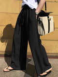 xakxx High Waisted Loose Drawstring Pockets Solid Color Pants Trousers