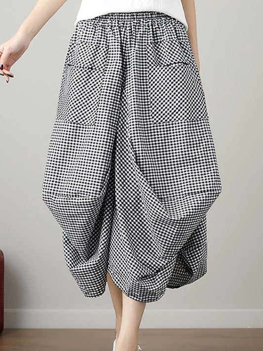 xakxx Artistic Retro Ramie Cotton Plaid Loose Irregular Elasticity Skirt