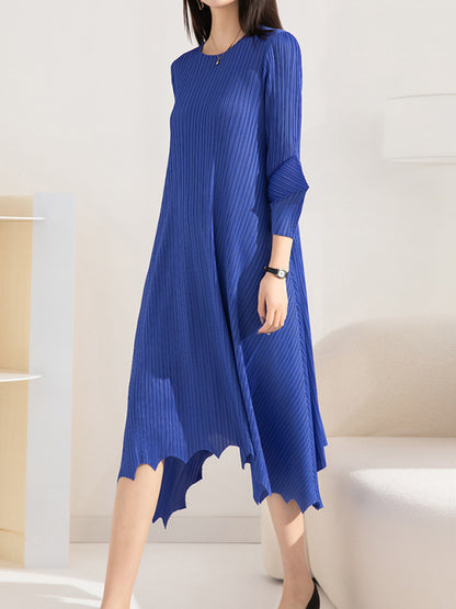 xakxx Irregular Clipping Loose Pleated Solid Color Round-Neck Midi Dresses