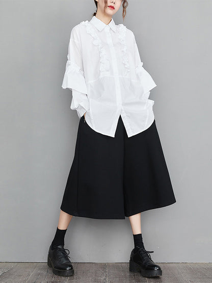 xakxx Casual Loose Long Sleeves Buttoned Ruffled Solid Color Lapel Collar Blouses&Shirts Tops