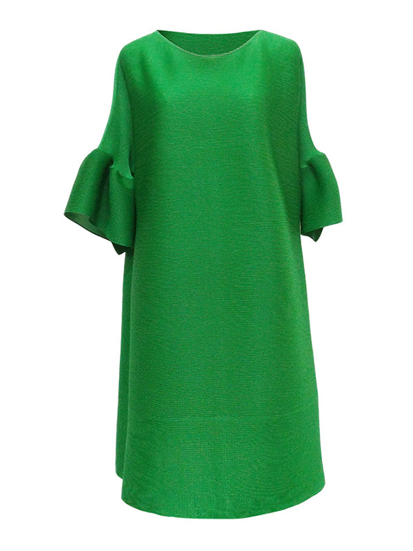 xakxx Stylish Selection Flared Sleeves A-Line Pleated Solid Color Round-Neck Midi Dresses