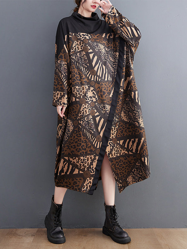 xakxx Long Sleeves Loose Asymmetric Printed Split-Front Split-Joint Mock Neck Midi Dresses