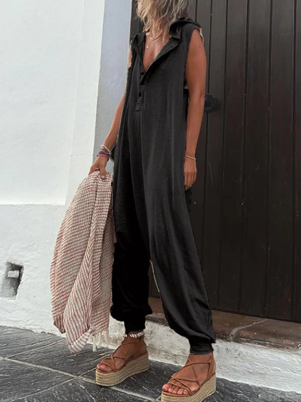 xakxx Loose Sleeveless Buttoned V-Neck Jumpsuits