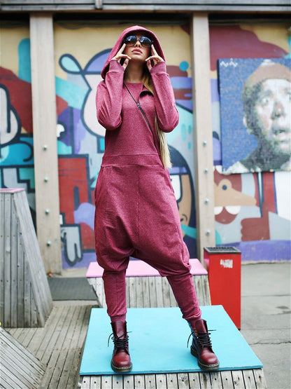 xakxx Solid Hooded Zipper Yoga Jumpsuits
