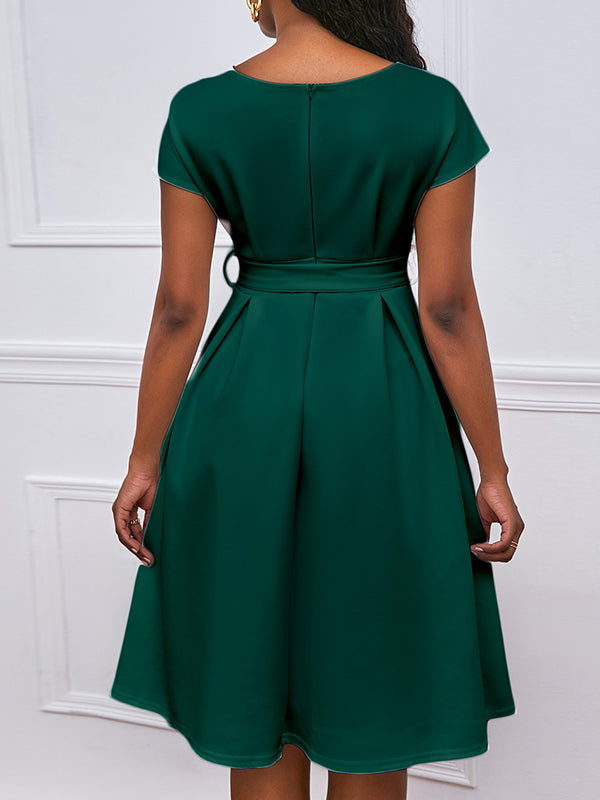xakxx Bowknot Lace-Up Solid Color V-Neck Midi Dresses