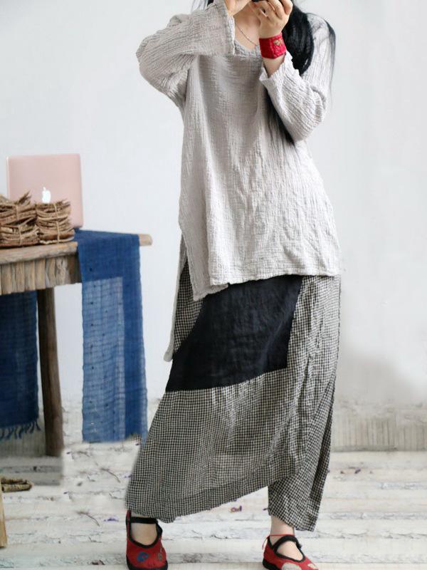 xakxx Vintage Plaid Split-joint Cropped Linen Pants