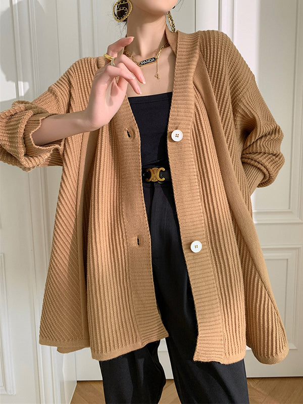 xakxx Stylish A-Line Long Sleeves Loose Solid Color V-Neck Cardigan Tops