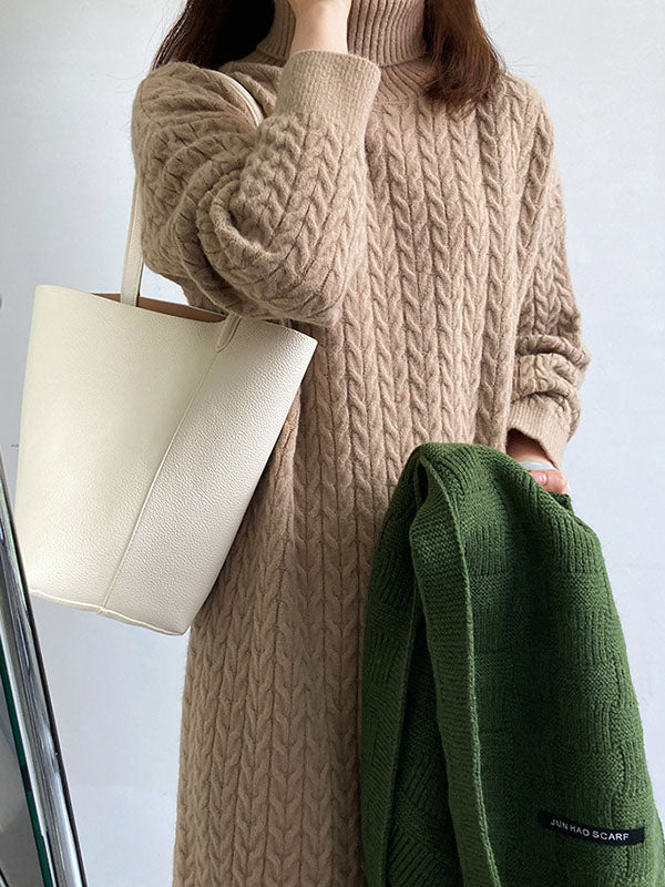 xakxx Stylish Loose Long Sleeves Solid Color High-Neck Twist Sweater Dresses