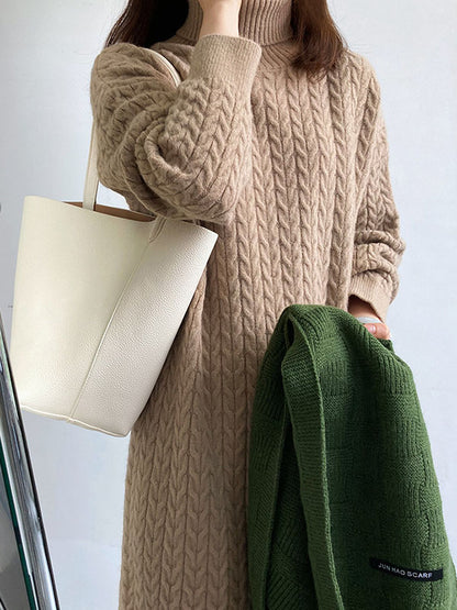 xakxx Stylish Loose Long Sleeves Solid Color High-Neck Twist Sweater Dresses