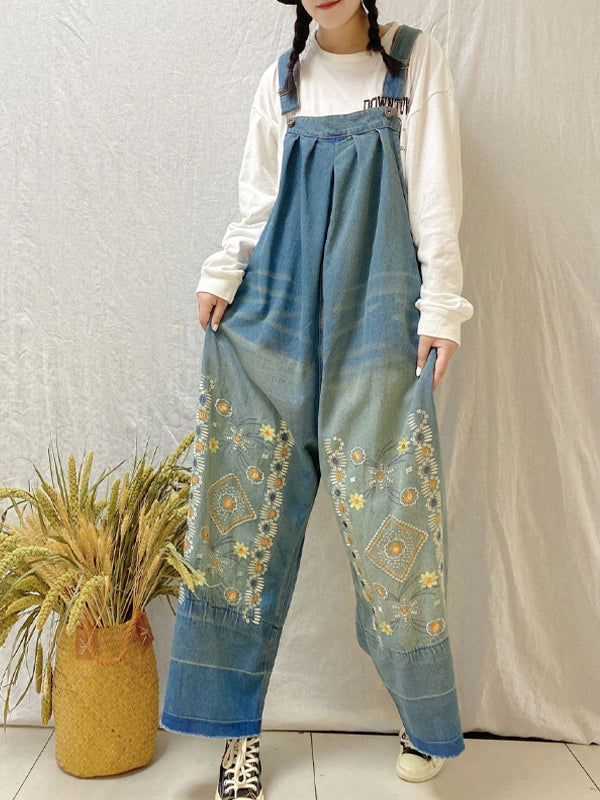 xakxx Vintage Denim Embroidered Wide Leg Jumpsuits