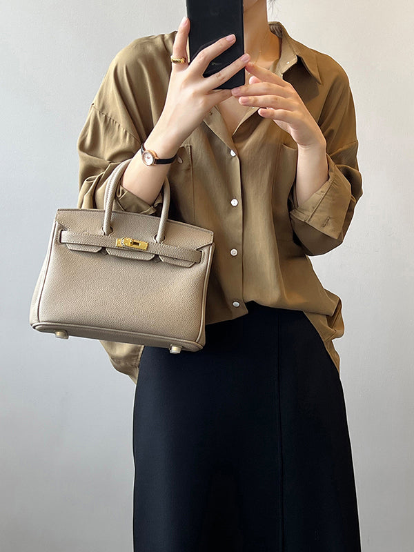 xakxx Vintage Long Sleeves Loose Solid Color Lapel Collar Blouses