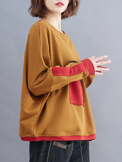 xakxx Artistic Retro Loose Triangle Applique Contrast Color Round-Neck Long Raglan Sleeves Sweatshirt