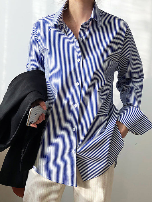 xakxx Urban Loose Striped Lapel Collar Blouses&Shirts Tops