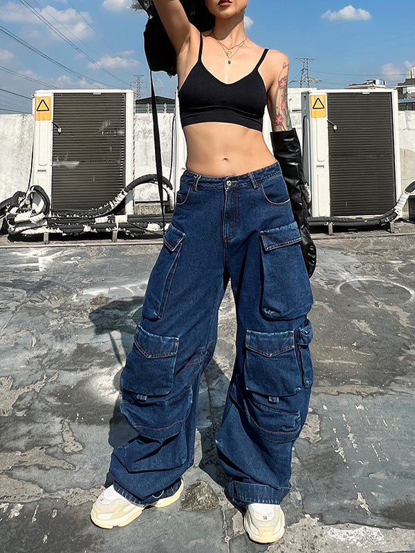 xakxx Original Wide Leg Loose Split-Joint With Big Pockets Jean Pants Bottoms