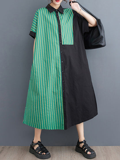 xakxx Loose Short Sleeves Asymmetric Split-Joint Striped Lapel Midi Dresses Shirt Dress