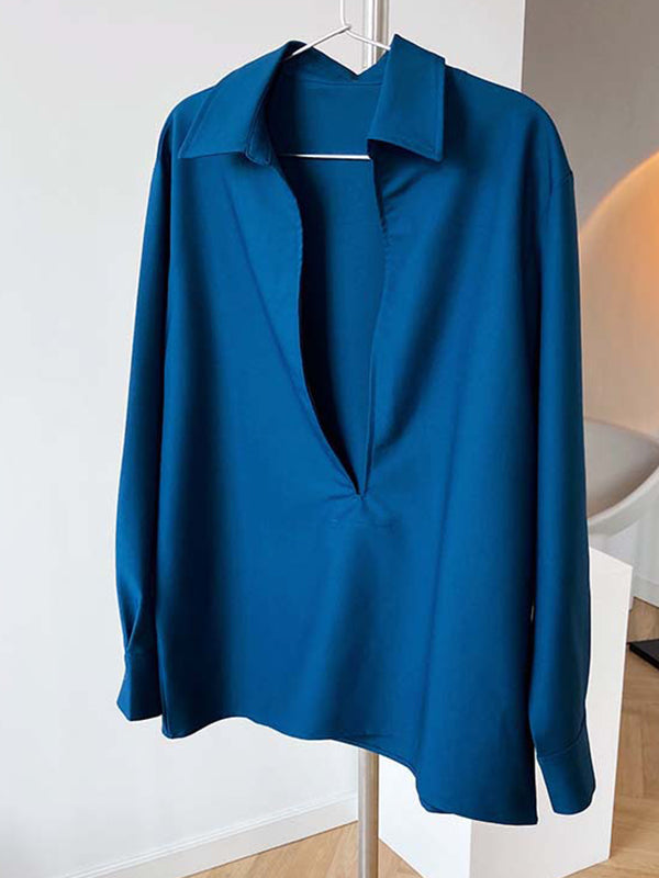 xakxx Long Sleeves Loose Solid Color Lapel Blouses