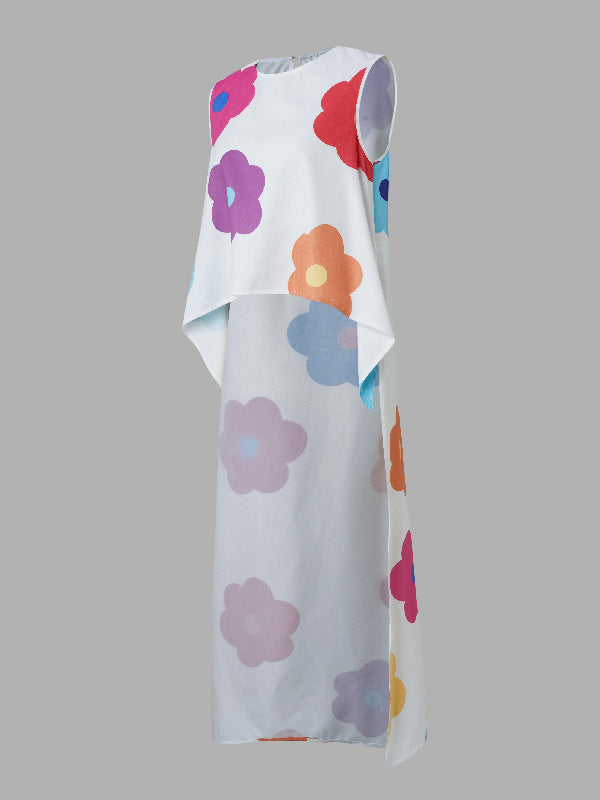 xakxx High-Low Loose Contrast Color Floral Printed Round-Neck Vest Top