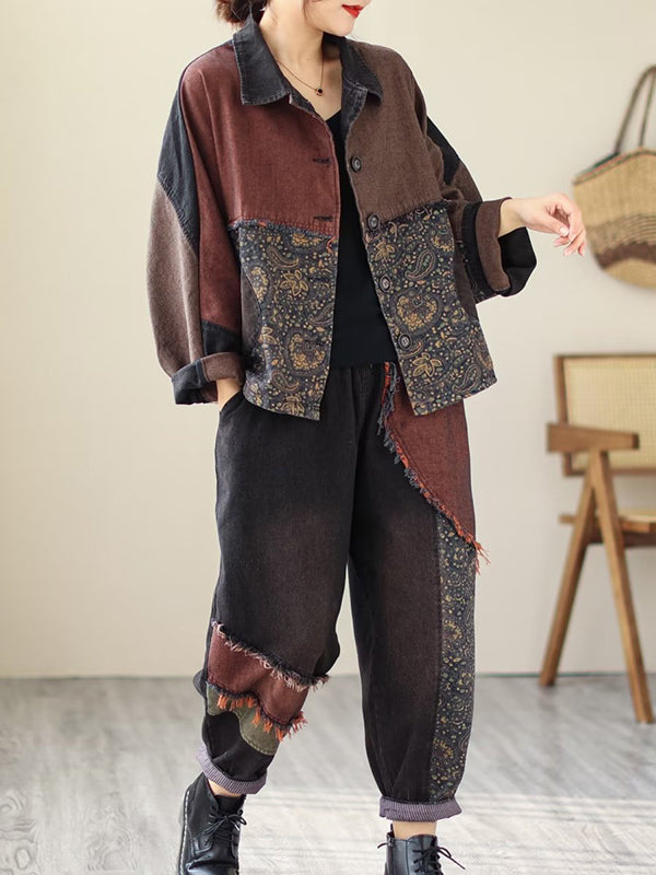 xakxx Contrast Color Fringed Split-Joint Long Sleeves Printed Outwear + Harem Pants  Two Pieces Set