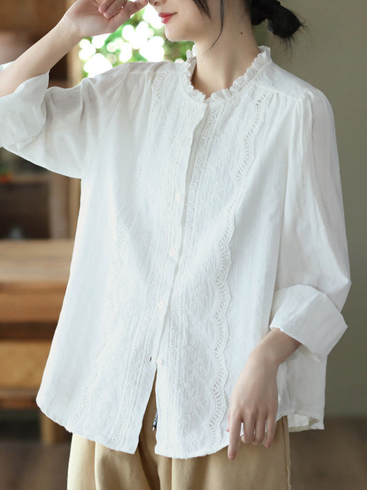 xakxx Long Sleeves Loose Embroidered Round-Neck Blouses&Shirts Tops