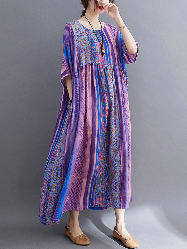 xakxx Vintage Side Pocket Striped Floral Printed Midi Dress