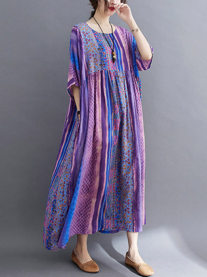 xakxx Vintage Side Pocket Striped Floral Printed Midi Dress