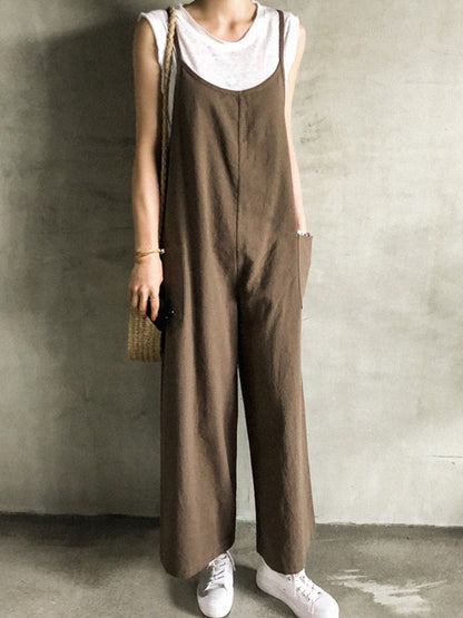 xakxx Black&Khaki Casual Spaghetti-Neck Loose Wide-Leg Overalls