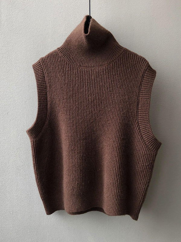 xakxx Casual Loose Sleeveless Solid Color High-Neck Sweater Vest Outerwear