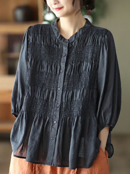 xakxx Loose Three-Quarter Sleeves Pleated Solid Color Split-Joint Stand Collar Blouses&Shirts Tops