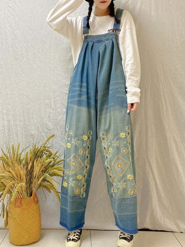 xakxx Vintage Denim Embroidered Wide Leg Jumpsuits