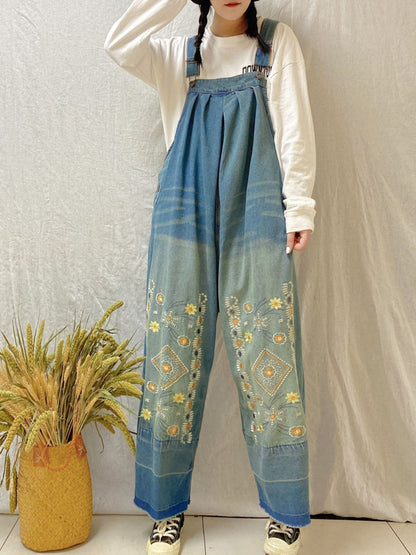 xakxx Vintage Denim Embroidered Wide Leg Jumpsuits