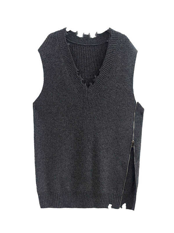 xakxx Loose Sleeveless Asymmetric Split-Side Zipper V-Neck Vest Outerwear