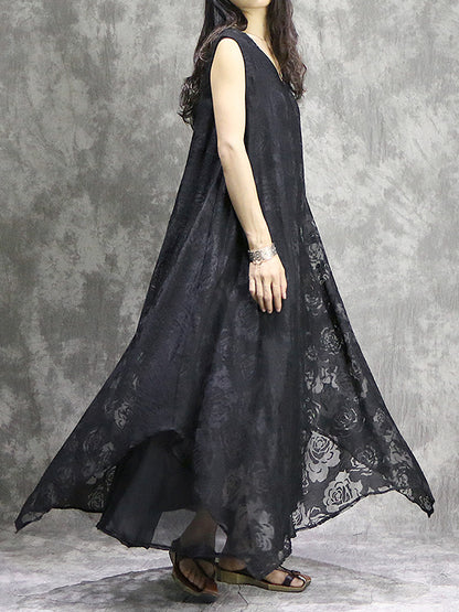 xakxx False Two Loose Flower Print Solid Color V-Neck Midi Dresses