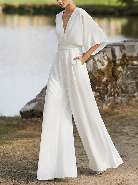 xakxx Simple Solid Color V-Neck Half Sleeves Wide Leg Jumpsuits