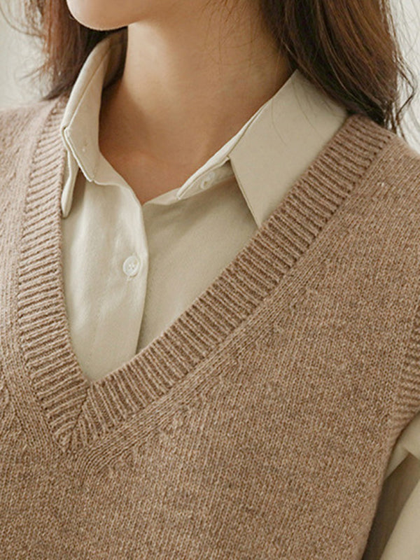 xakxx Casual Loose Sleeveless Solid Color V-Neck Sweater Vest Outerwear