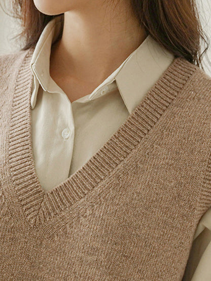 xakxx Casual Loose Sleeveless Solid Color V-Neck Sweater Vest Outerwear