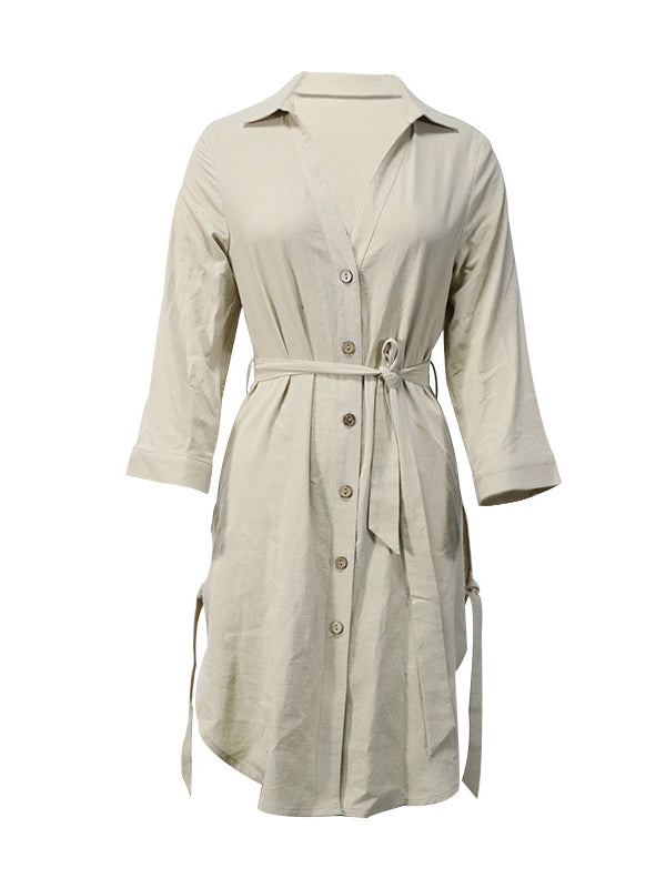 xakxx High Waisted Long Sleeves Buttoned Solid Color Split-Side Tied Waist V-Neck Mini Dresses