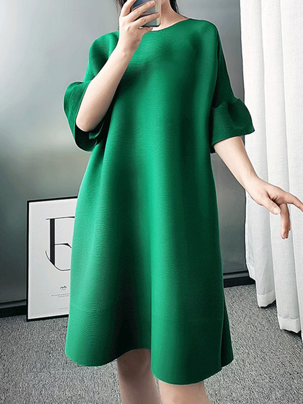 xakxx Stylish Selection Flared Sleeves A-Line Pleated Solid Color Round-Neck Midi Dresses