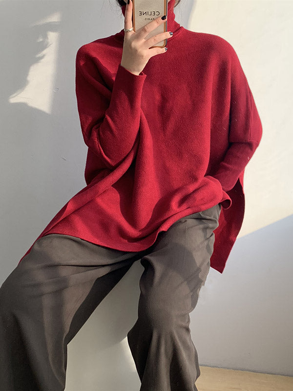 xakxx Original 4 Colors Split-Side High-Neck Long Sleeves Sweater Top