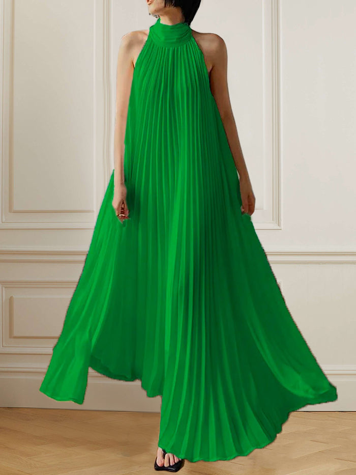 xakxx A-Line Sleeveless Pleated Solid Color Halter-Neck Maxi Dresses